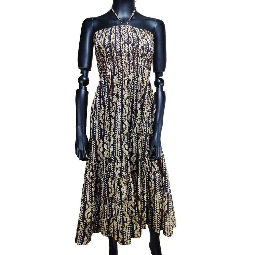 Halter Neck Tie Brown & Cream Strapless Boho Maxi Dress One Size